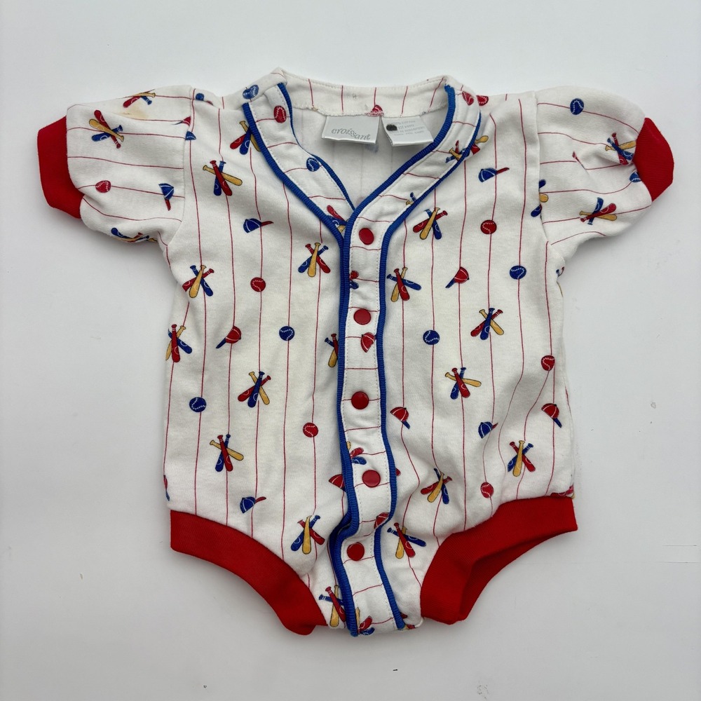 Croissant Romper Girls 9-12 Months‎ White Baseball Print Snap Bodysuit One Piece